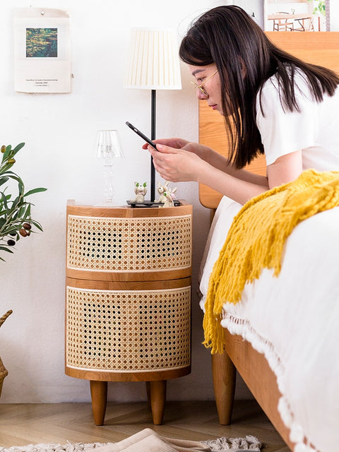 Wooden rattan side table with drawers